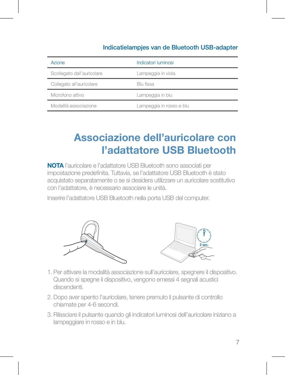 Tuttavia, se l adattatore USB Bluetooth è stato acquistato separatamente o se si desidera utilizzare un auricolare sostitutivo con l adattatore, è necessario associare le unità.