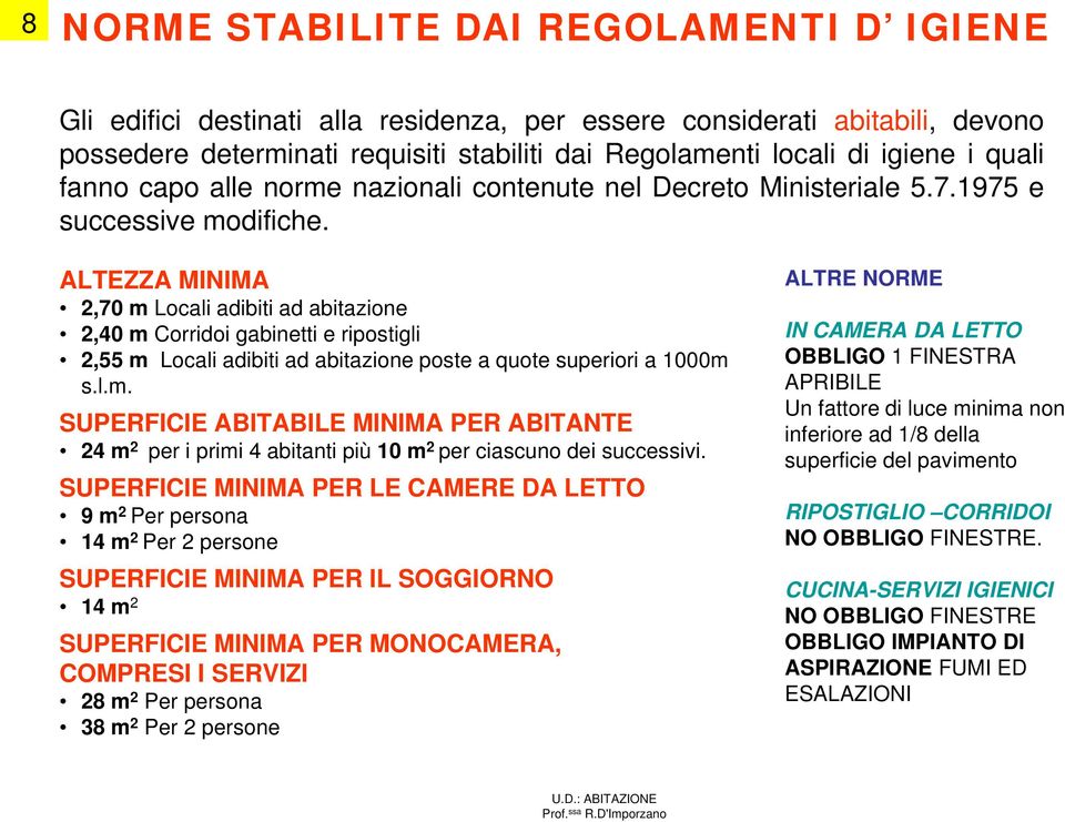 ALTEZZA MINIMA 2,70 m Locali adibiti ad abitazione 2,40 m Corridoi gabinetti e ripostigli 2,55 m Locali adibiti ad abitazione poste a quote superiori a 1000m s.l.m. SUPERFICIE ABITABILE MINIMA PER ABITANTE 24 m 2 per i primi 4 abitanti più 10 m 2 per ciascuno dei successivi.