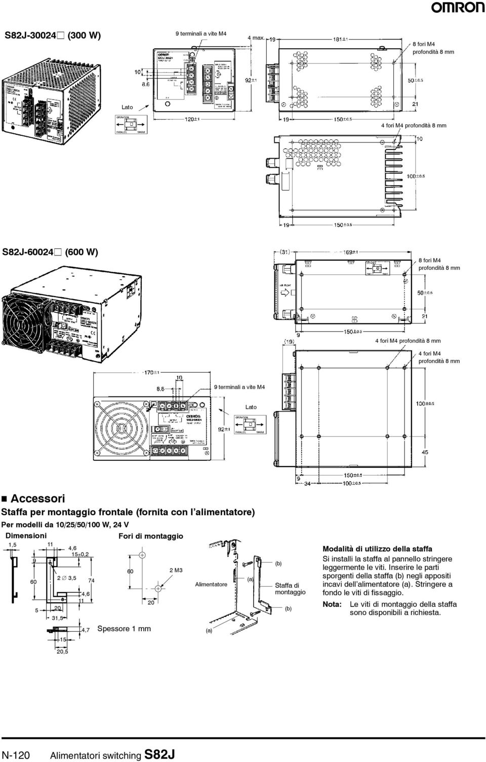 frontale (fornita con l alimentatore) Per modelli da 10/25/50/100 W, 24 V Dimensioni Fori di montaggio 1,5 11 9 60 5 20 31,5 15 20,5 4,6 15±0,2 2 3,5 4,6 11 4,7 74 60 20 Spessore 1 mm Alimentatore