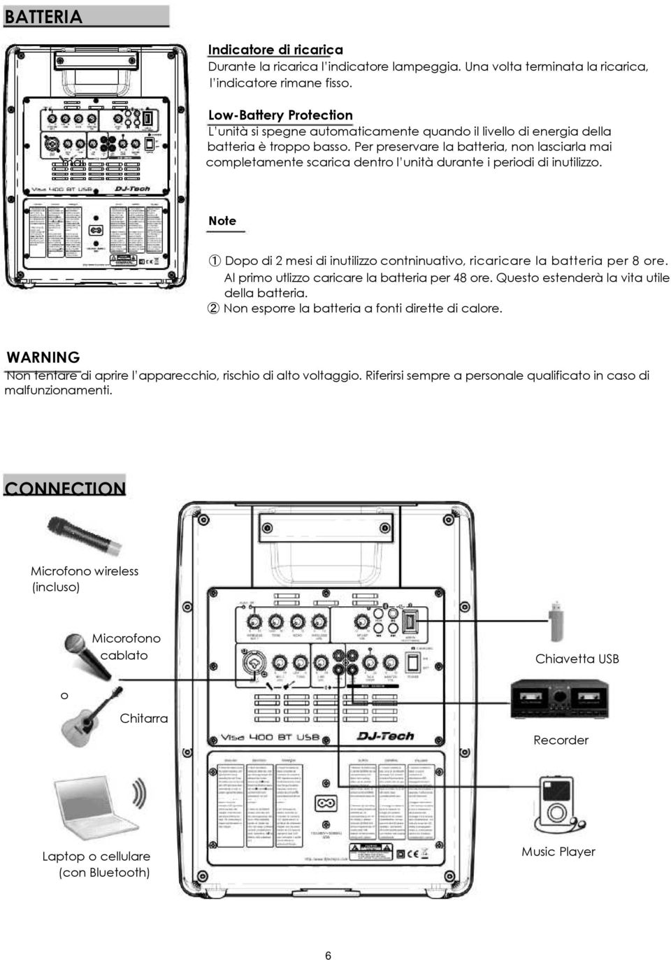 Per preservare la batteria, non lasciarla mai completamente scarica dentro l unità durante i periodi di inutilizzo. Note 1 Dopo di 2 mesi di inutilizzo contninuativo, ricaricare la batteria per 8 ore.