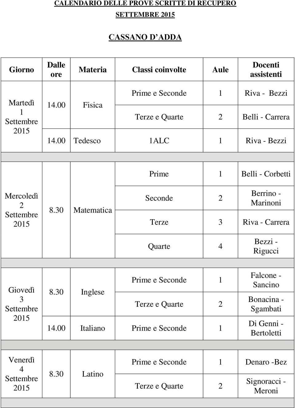 00 Tedesco 1ALC 1 Riva - Bezzi Mercoledì 2 Matematica Prime 1 Belli - Corbetti Seconde 2 Berrino - Marinoni Terze 3 Riva - Carrera Quarte 4 Bezzi -