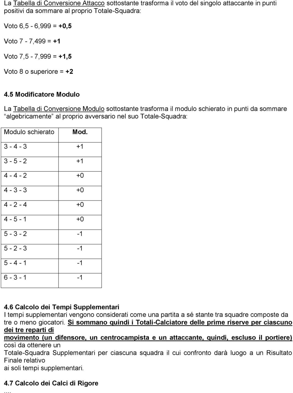 5 Modificatore Modulo La Tabella di Conversione Modulo sottostante trasforma il modulo schierato in punti da sommare algebricamente al proprio avversario nel suo Totale-Squadra: Modulo schierato Mod.