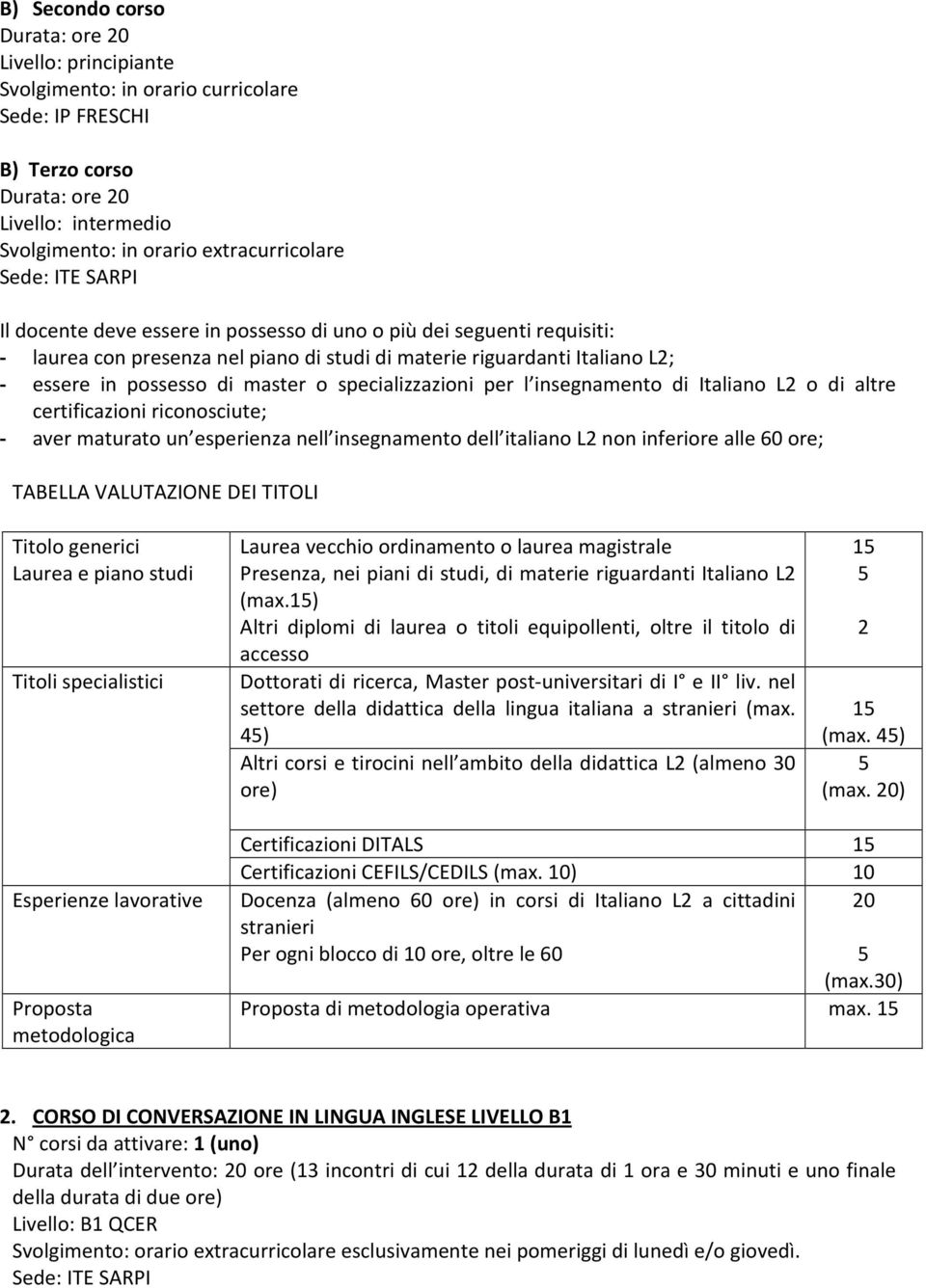 l insegnamento di Italiano L o di altre certificazioni riconosciute; - aver maturato un esperienza nell insegnamento dell italiano L non inferiore alle 60 ore; TABELLA VALUTAZIONE DEI TITOLI Titolo