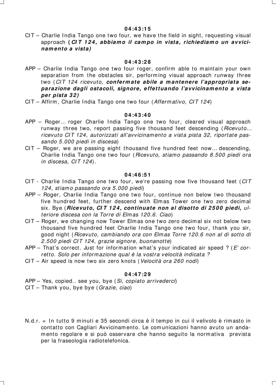 appropriata separazione dagli ostacoli, signore, effettuando l avvicinamento a vista per pista 32) CIT Affirm, Charlie India Tango one two four (Affermativo, CIT 124) 04:43:40 APP Roger roger Charlie