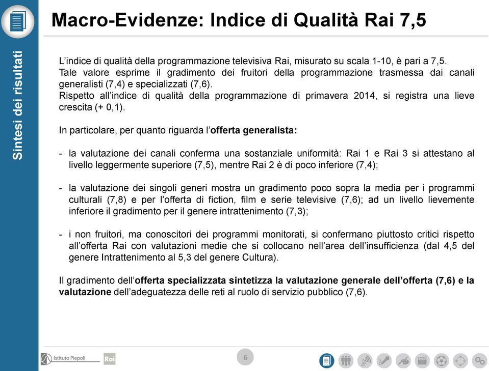 Rispetto all indice di qualità della programmazione di primavera 2014, si registra una lieve crescita (+ 0,1).