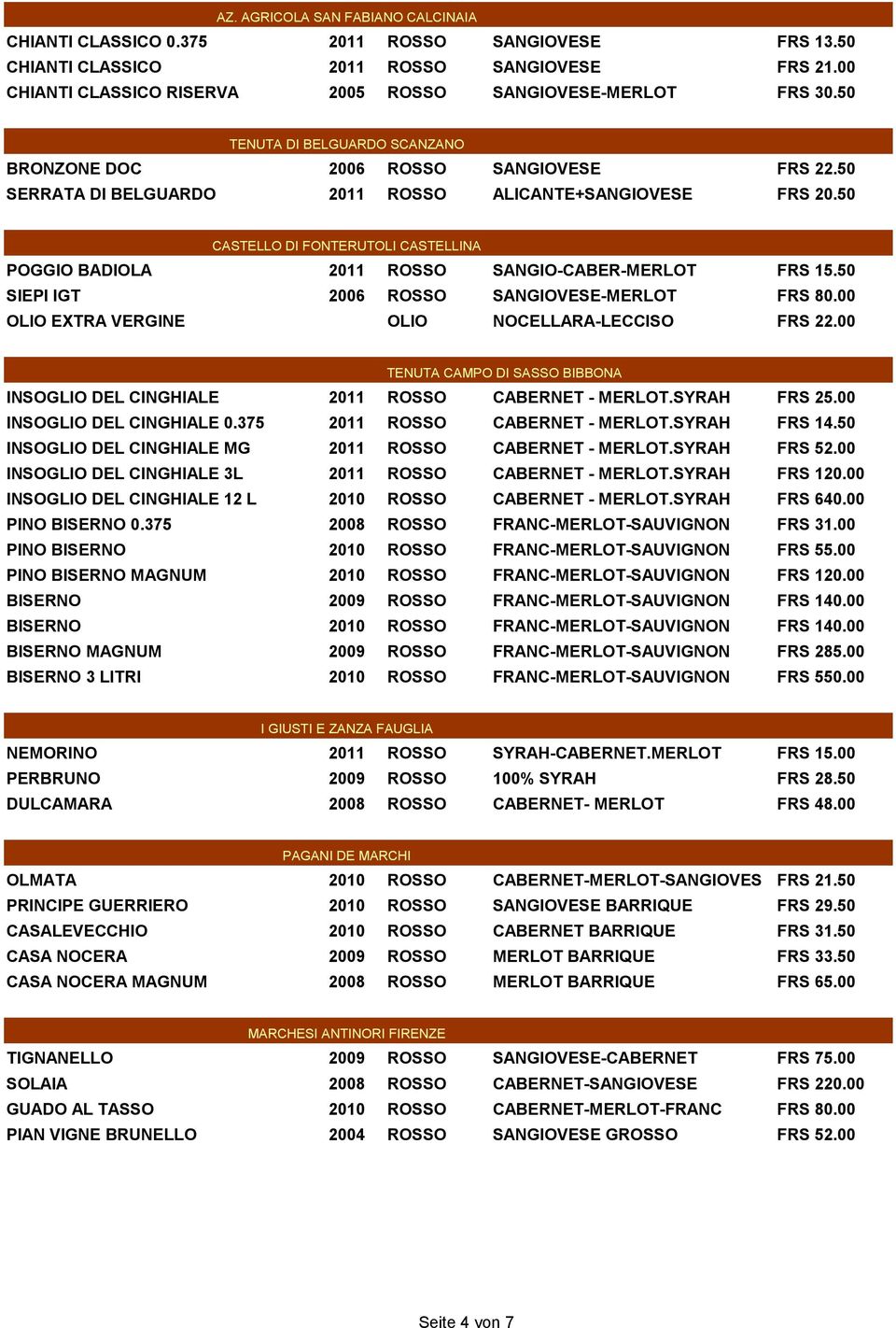 50 CASTELLO DI FONTERUTOLI CASTELLINA POGGIO BADIOLA 2011 ROSSO SANGIO-CABER-MERLOT FRS 15.50 SIEPI IGT 2006 ROSSO SANGIOVESE-MERLOT FRS 80.00 OLIO EXTRA VERGINE OLIO NOCELLARA-LECCISO FRS 22.