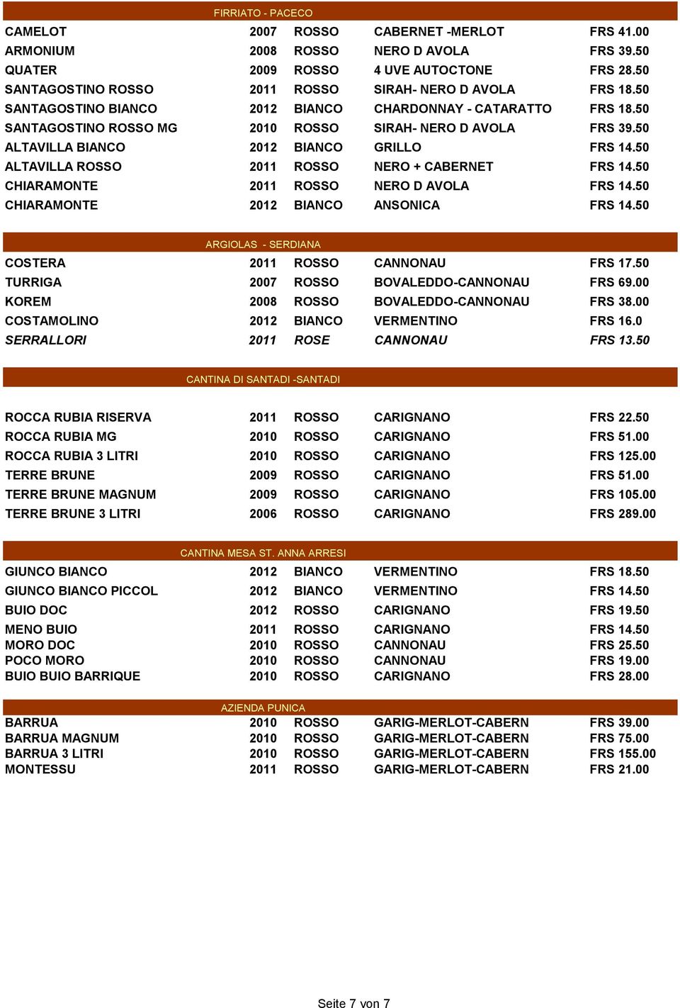 50 ALTAVILLA BIANCO 2012 BIANCO GRILLO FRS 14.50 ALTAVILLA ROSSO 2011 ROSSO NERO + CABERNET FRS 14.50 CHIARAMONTE 2011 ROSSO NERO D AVOLA FRS 14.50 CHIARAMONTE 2012 BIANCO ANSONICA FRS 14.