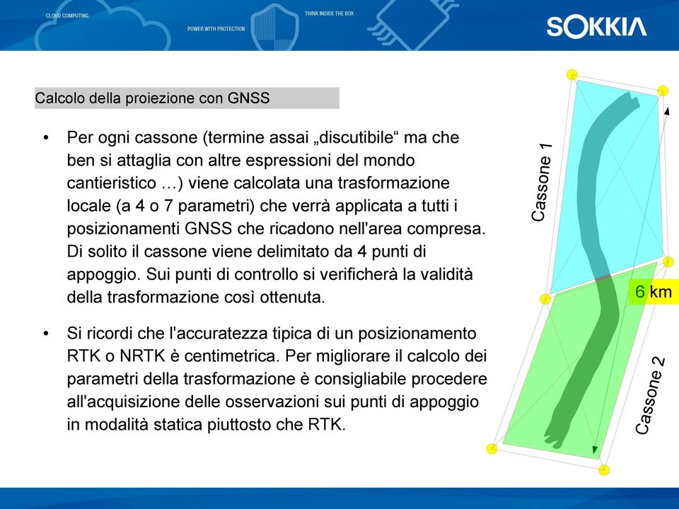 Sui punti di controllo si verificherà la validità della trasformazione così ottenuta. Cassone 1 6 km Si ricordi che l'accuratezza tipica di un posizionamento RTK o NRTK è centimetrica.