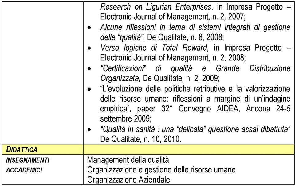 8, 2008; Verso logiche di Total Reward, in Impresa Progetto Electronic Journal of Management, n. 2, 2008; Certificazioni di qualità e Grande Distribuzione Organizzata, De Qualitate, n.