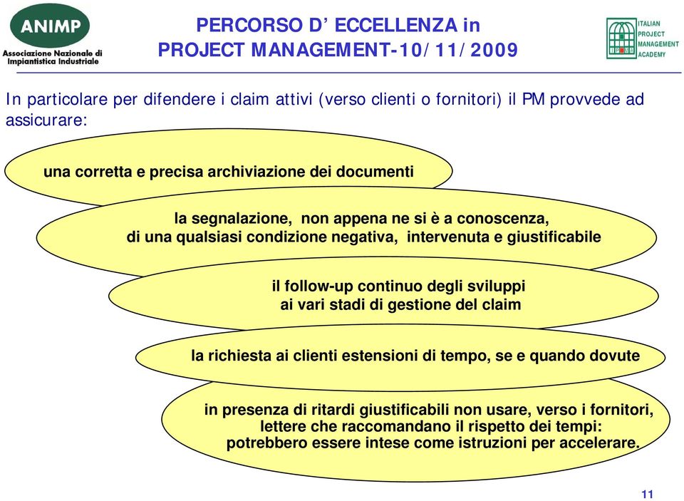 continuo degli sviluppi ai vari stadi di gestione del claim la richiesta ai clienti estensioni di tempo, se e quando dovute in presenza di