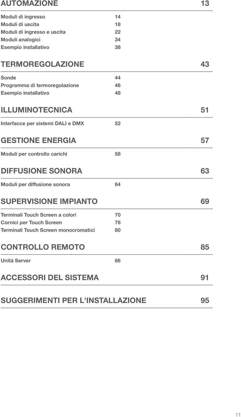 per controllo carichi 58 diffusione sonora 63 Moduli per diffusione sonora 64 supervisione impianto 69 Terminali Touch Screen a colori 70 Cornici per