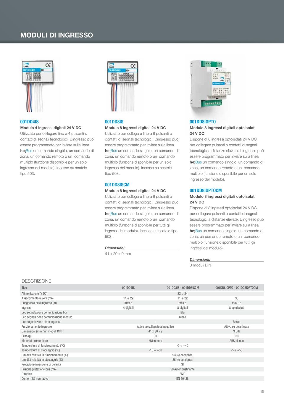 Incasso su scatole tipo 503. 001DD8IS Modulo 8 ingressi digitali 24 V DC Utilizzato per collegare fino a 8 pulsanti o contatti di segnali tecnologici.  Incasso su scatole tipo 503.