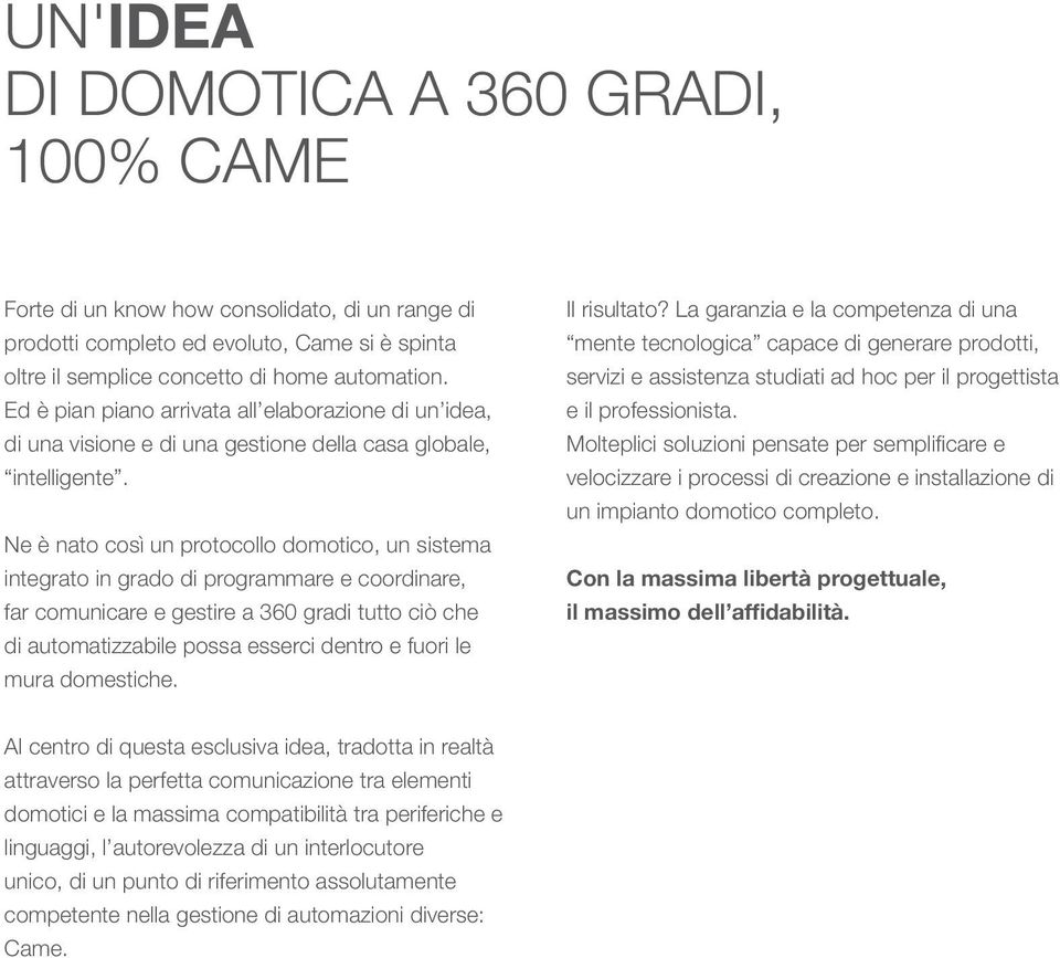 Ne è nato così un protocollo domotico, un sistema integrato in grado di programmare e coordinare, far comunicare e gestire a 360 gradi tutto ciò che di automatizzabile possa esserci dentro e fuori le