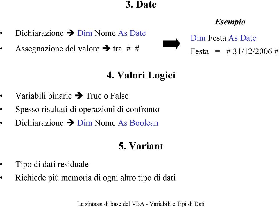 Valori Logici Variabili binarie True o False Spesso risultati di operazioni di