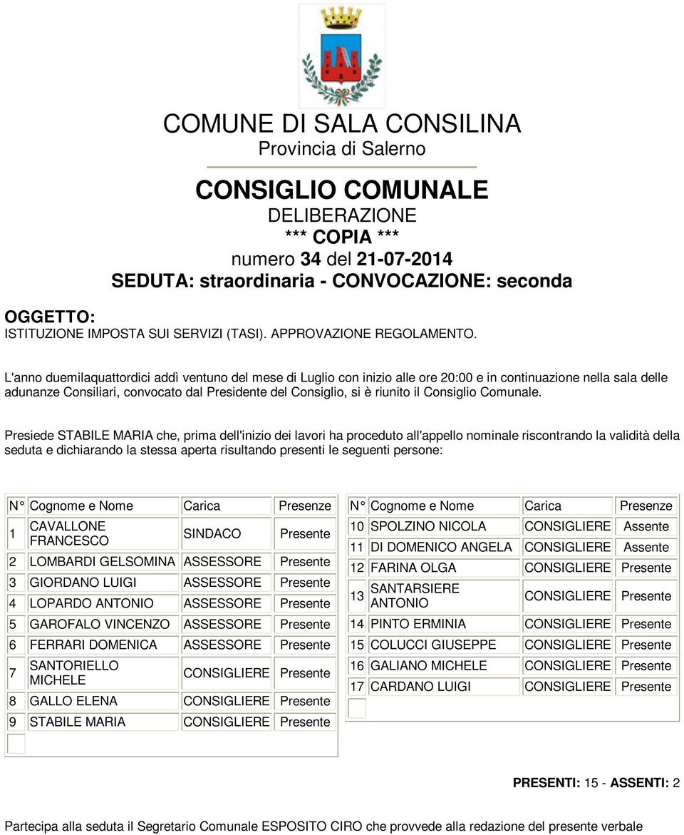 L'anno duemilaquattordici addì ventuno del mese di Luglio con inizio alle ore 20:00 e in continuazione nella sala delle adunanze Consiliari, convocato dal Presidente del Consiglio, si è riunito il