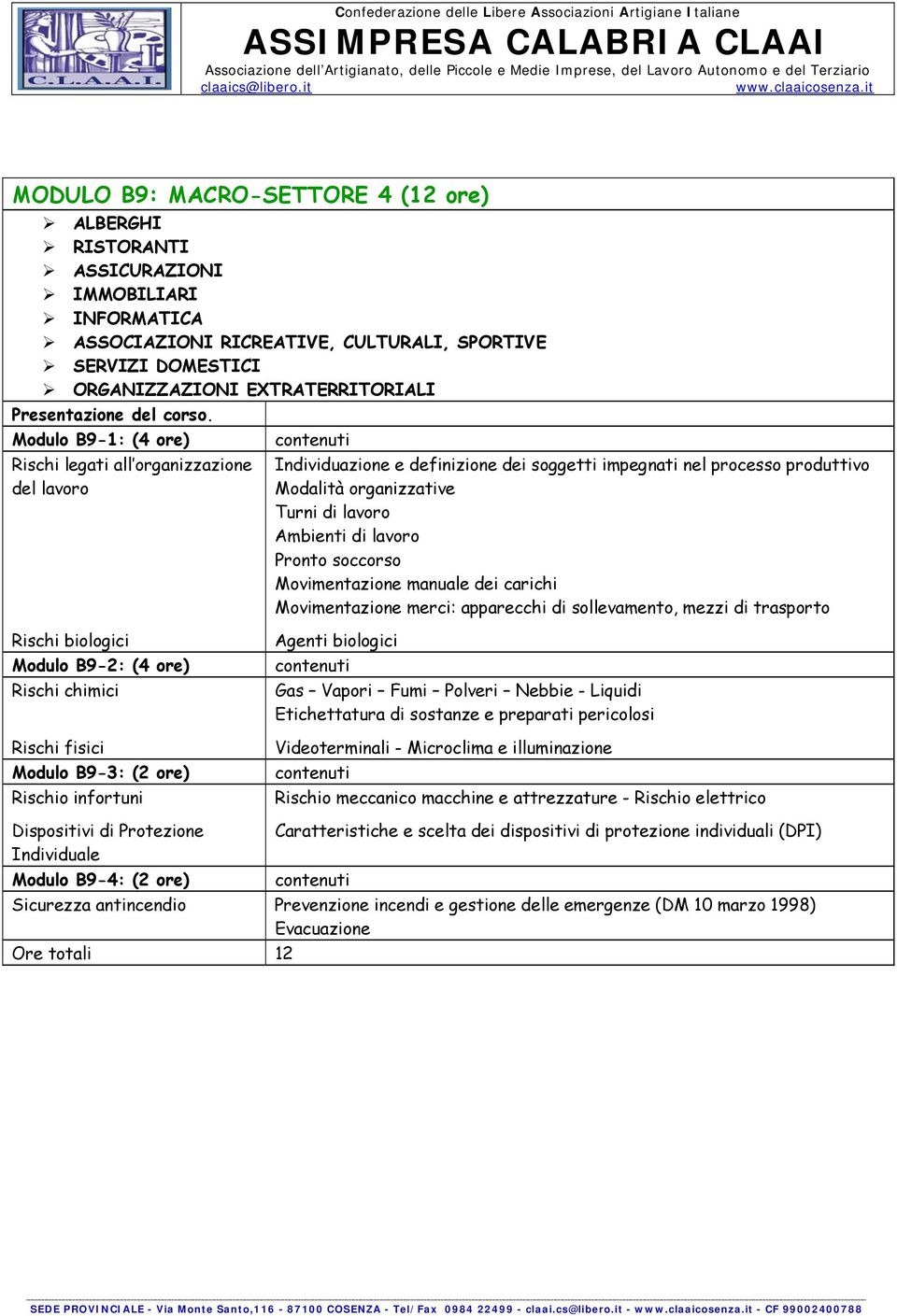 Modulo B9-1: (4 ore) Rischi legati all organizzazione del lavoro Individuazione e definizione dei soggetti impegnati nel processo produttivo Modalità organizzative Turni di lavoro Ambienti di lavoro