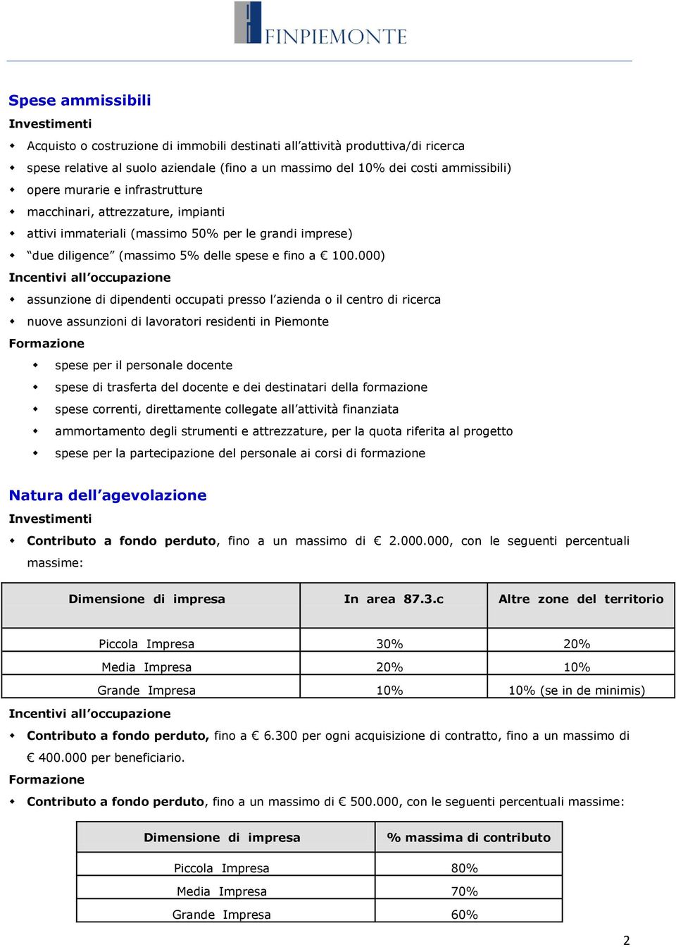 000) Incentivi all occupazione assunzione di dipendenti occupati presso l azienda o il centro di ricerca nuove assunzioni di lavoratori residenti in Piemonte Formazione spese per il personale docente