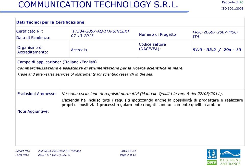 Trade and after-sales services of instruments for scientific research in the sea. Esclusioni Ammesse: Nessuna esclusione di requisiti normativi (Manuale Qualità in rev. 5 del 22/06/2011).