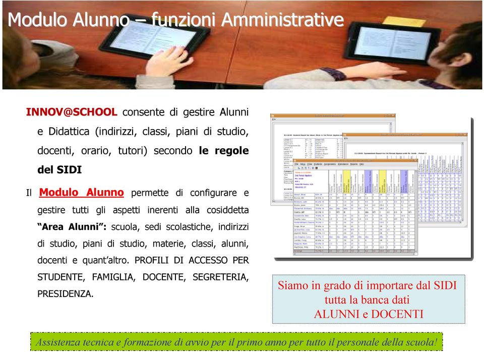 indirizzi di studio, piani di studio, materie, classi, alunni, docenti e quant altro. PROFILI DI ACCESSO PER STUDENTE, FAMIGLIA, DOCENTE, SEGRETERIA, PRESIDENZA.