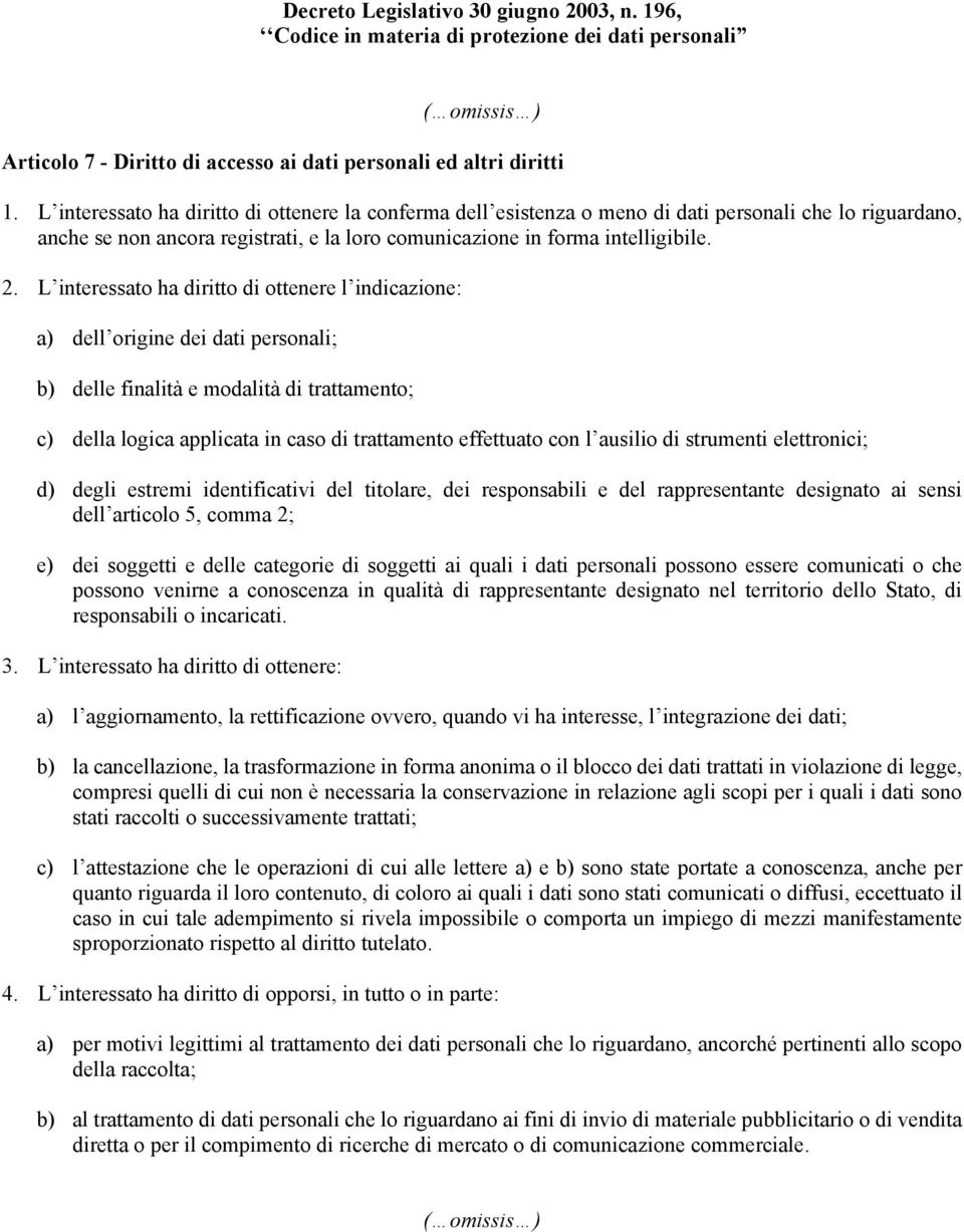 L interessato ha diritto di ottenere l indicazione: a) dell origine dei dati personali; b) delle finalità e modalità di trattamento; c) della logica applicata in caso di trattamento effettuato con l