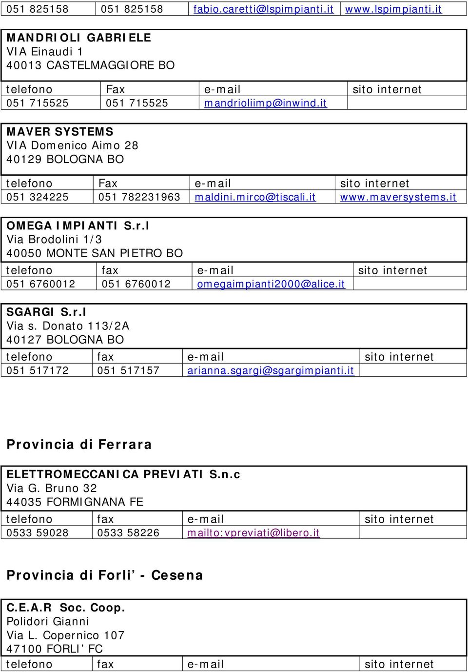 it SGARGI S.r.l Via s. Donato 113/2A 40127 BOLOGNA BO 051 517172 051 517157 arianna.sgargi@sgargimpianti.it Provincia di Ferrara ELETTROMECCANICA PREVIATI S.n.c Via G.