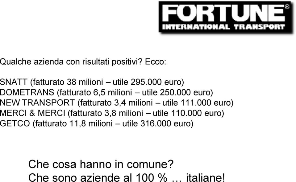 000 euro) NEW TRANSPORT (fatturato 3,4 milioni utile 111.