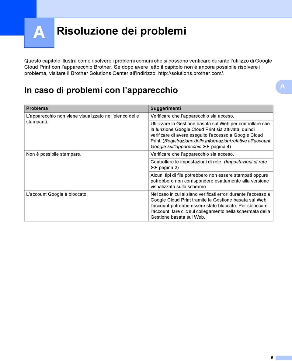 In caso di problemi con l apparecchio A A Problema L apparecchio non viene visualizzato nell elenco delle stampanti. Non è possibile stampare. L account Google è bloccato.