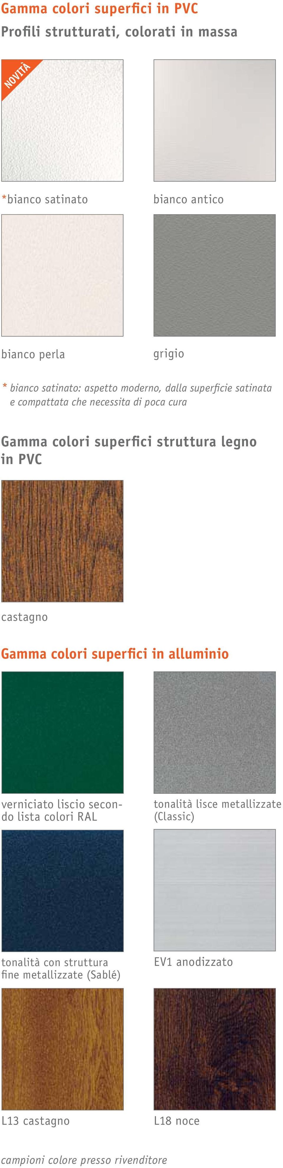 struttura legno in PVC castagno Gamma colori superfici in alluminio verniciato liscio secondo lista colori RAL tonalità lisce