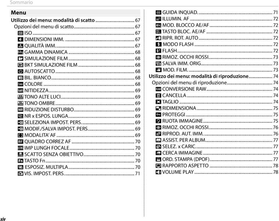 .. 69 u SELEZIONA IMPOST. PERS.... 69 K MODIF./SALVA IMPOST. PERS.... 69 F MODALITA AF... 69 G QUADRO CORREZ AF... 70 l IMP LUNGH FOCALE... 70 m SCATTO SENZA OBIETTIVO... 70 F TASTO Fn... 70 n ESPOSIZ.