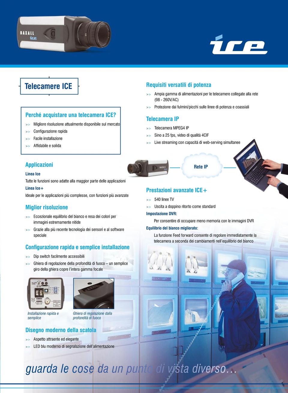 le telecamere collegate alla rete (98-260V/AC) >> Protezione dai fulmini/picchi sulle linee di potenza e coassiali Telecamera IP >> Telecamera MPEG4 IP >> Sino a 25 fps, video di qualità 4CIF >> Live