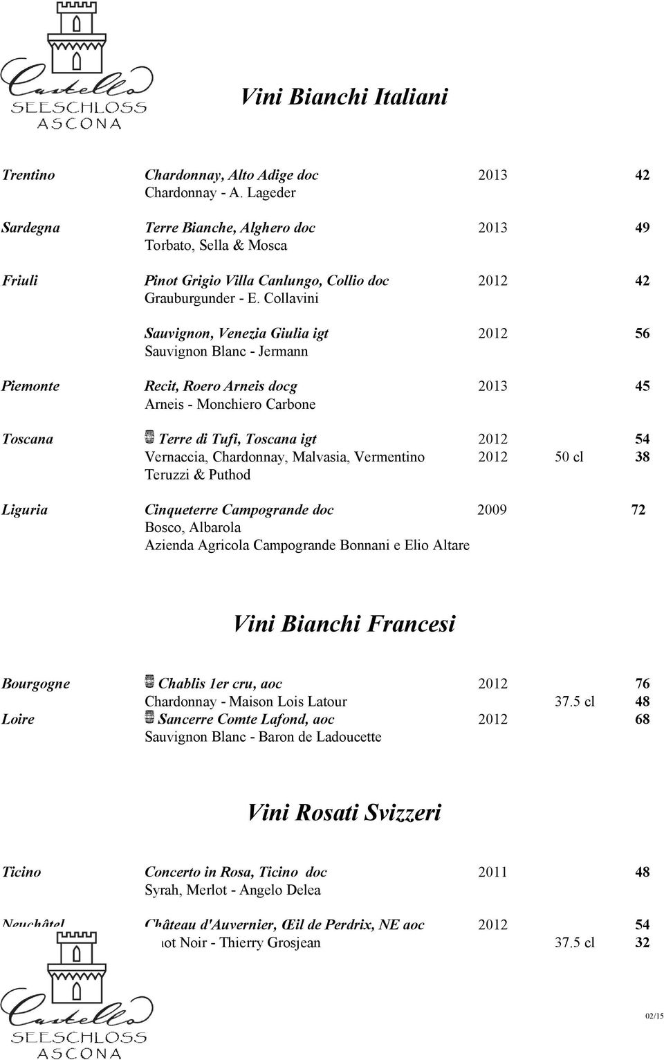 Collavini Sauvignon, Venezia Giulia igt 2012 56 Sauvignon Blanc - Jermann Piemonte Recit, Roero Arneis docg 2013 45 Arneis - Monchiero Carbone Toscana Terre di Tufi, Toscana igt 2012 54 Vernaccia,