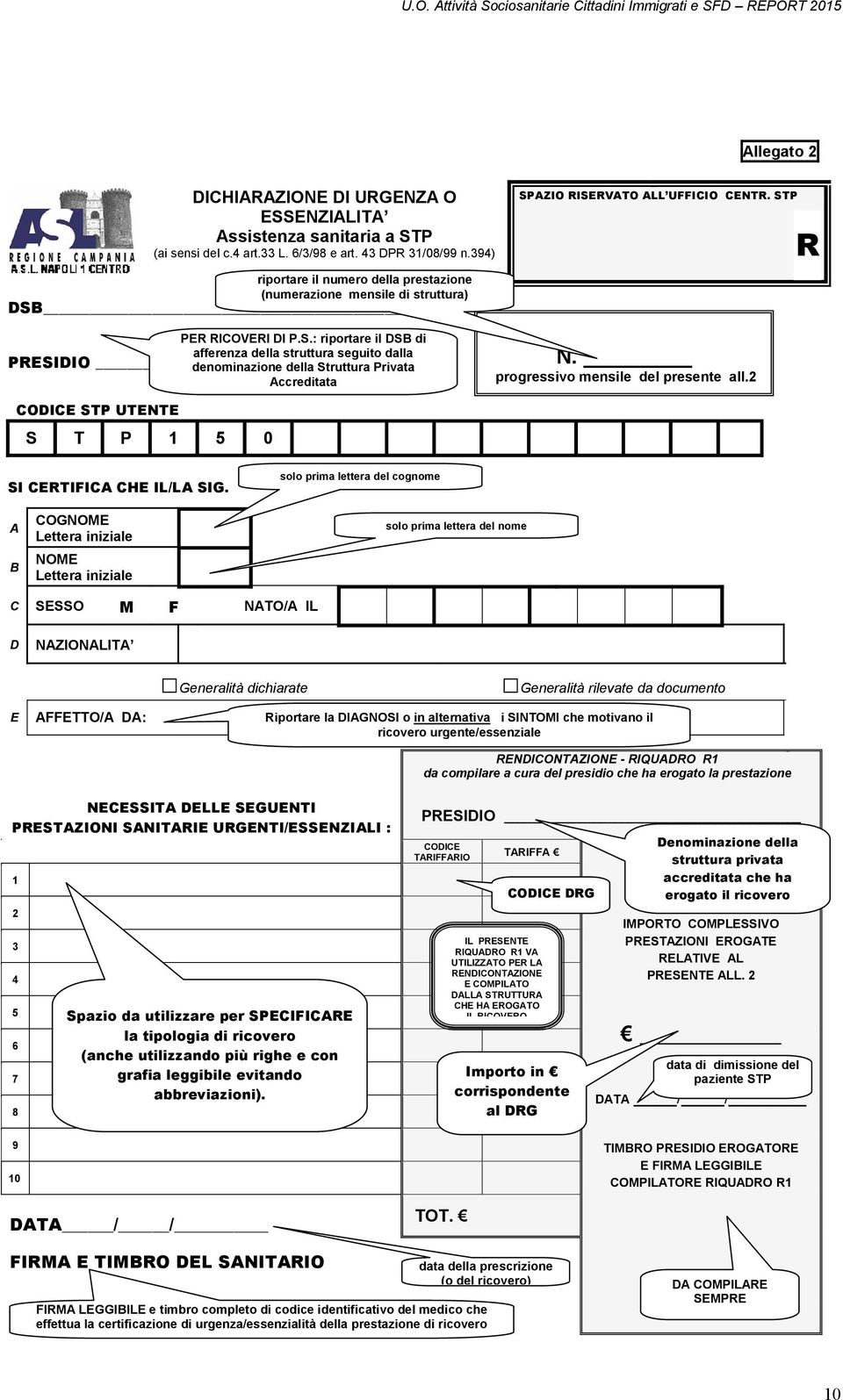 SPAZIO RISERVATO ALL UFFICIO CENTR. STP R PER RICOVERI DI P.S.: riportare il DSB di afferenza della struttura seguito dalla PRESIDIO denominazione della Struttura Privata Accreditata N.