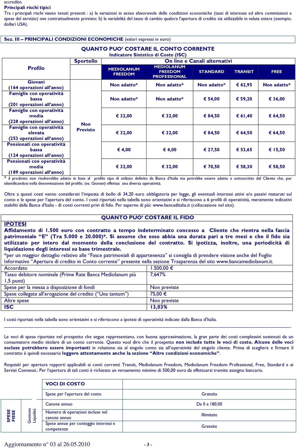 previsto; b) la variabilità del tasso di cambio qualora l apertura di credito sia utilizzabile in valuta estera (esempio, dollari USA). Sez.