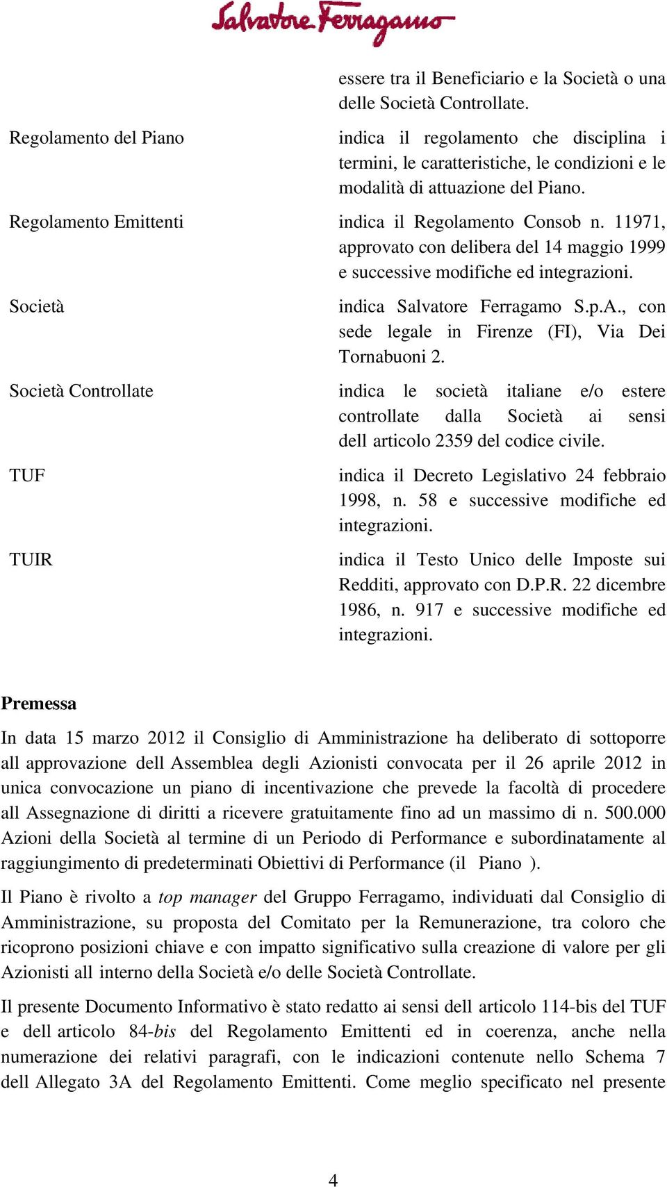 11971, approvato con delibera del 14 maggio 1999 e successive modifiche ed integrazioni. Società indica Salvatore Ferragamo S.p.A., con sede legale in Firenze (FI), Via Dei Tornabuoni 2.