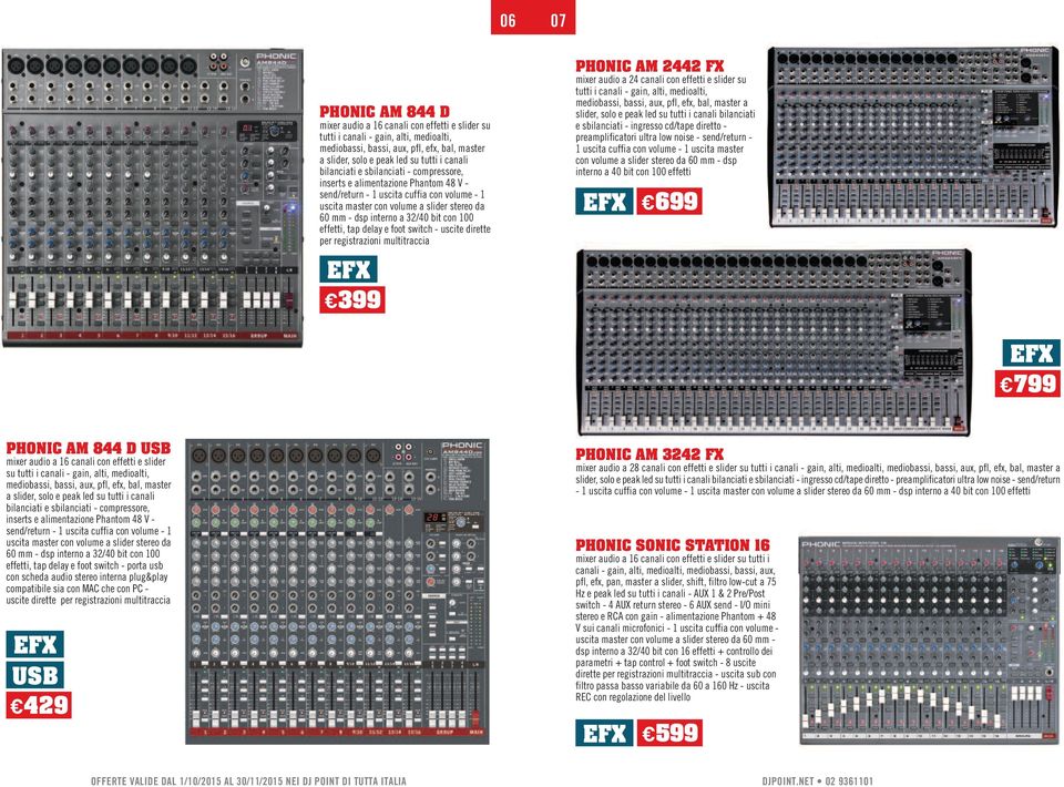 con 100 effetti, tap delay e foot switch - uscite dirette per registrazioni multitraccia PHONIC AM 2442 FX mixer audio a 24 canali con effetti e slider su tutti i canali - gain, alti, medioalti,