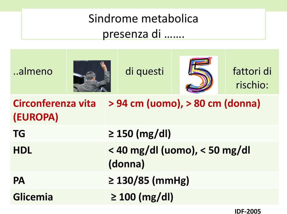 questi fattori di rischio: > 94 cm (uomo), > 80 cm (donna)