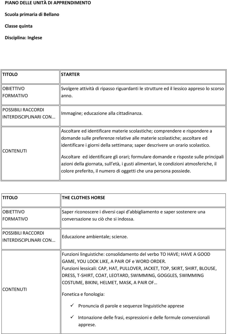 Ascoltare ed identificare materie scolastiche; comprendere e rispondere a domande sulle preferenze relative alle materie scolastiche; ascoltare ed identificare i giorni della settimana; saper