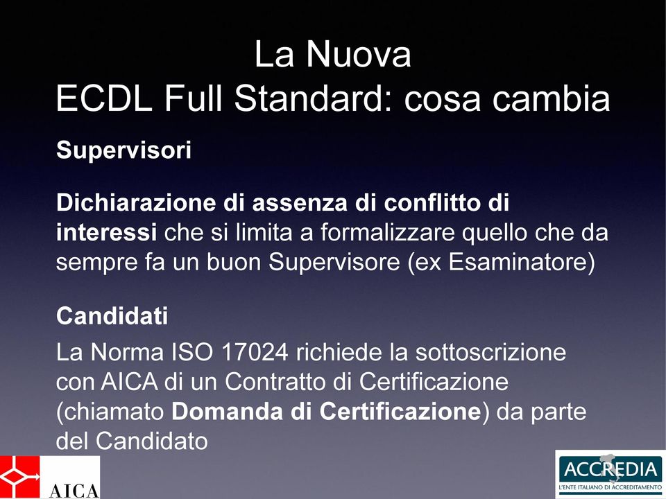 Supervisore (ex Esaminatore) Candidati La Norma ISO 17024 richiede la sottoscrizione