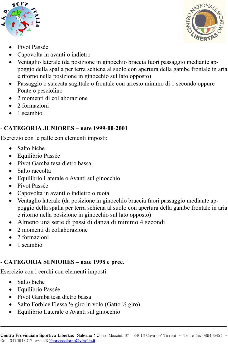 collaborazione 2 formazioni 1 scambio - CATEGORIA JUNIORES nate 1999-00-2001 Esercizio con le palle con elementi imposti: Salto biche Equilibrio Passée Pivot Gamba tesa dietro bassa Salto raccolta