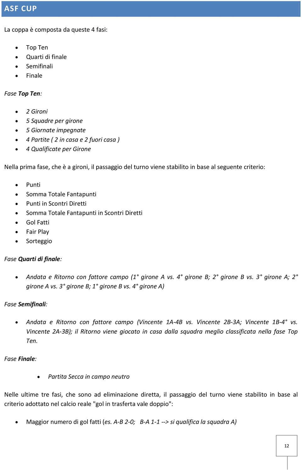 Fantapunti in Scontri Diretti Gol Fatti Fair Play Fase Quarti di finale: Andata e Ritorno con fattore campo (1 girone A vs. 4 girone B; 2 girone B vs. 3 girone A; 2 girone A vs.