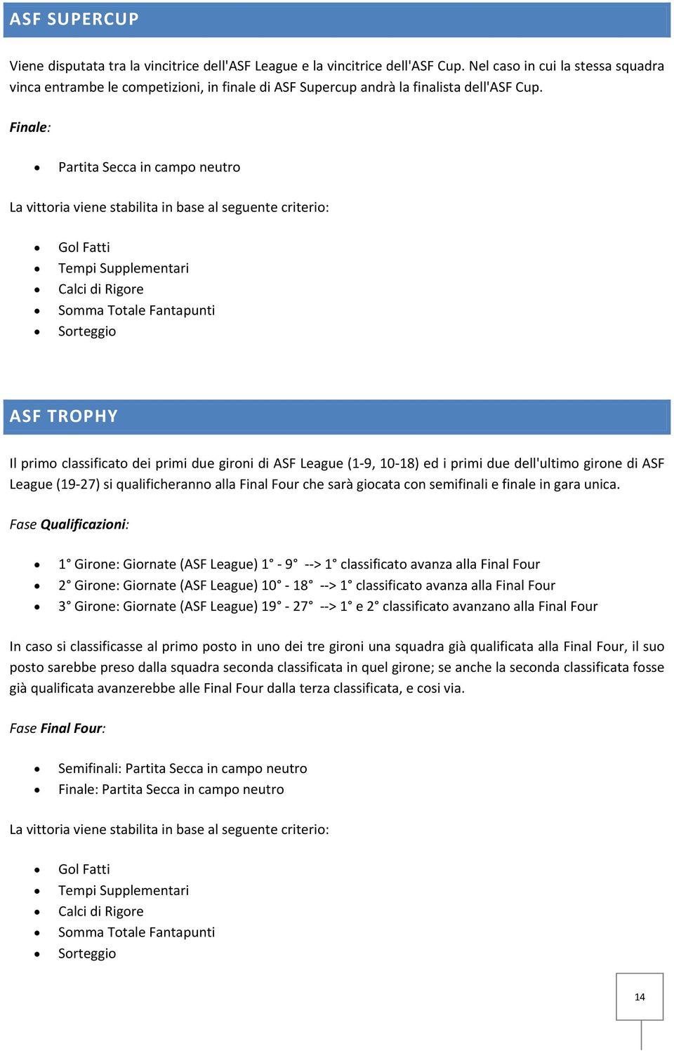 Finale: Partita Secca in campo neutro La vittoria viene stabilita in base al seguente criterio: Gol Fatti Tempi Supplementari Calci di Rigore Somma Totale Fantapunti ASF TROPHY Il primo classificato