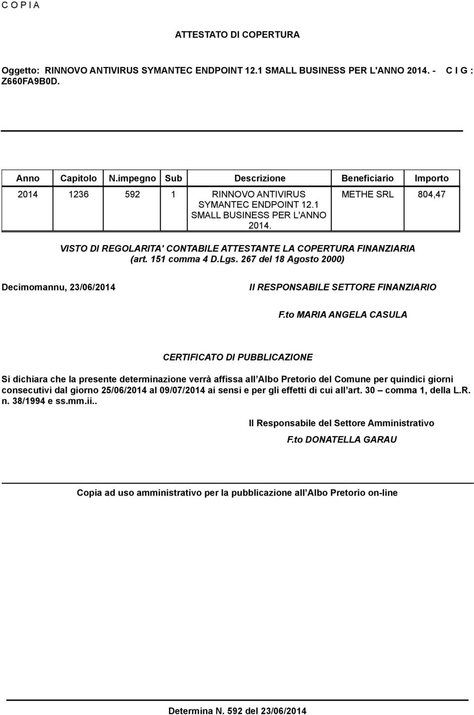 METHE SRL 804,47 VISTO DI REGOLARITA' CONTABILE ATTESTANTE LA COPERTURA FINANZIARIA (art. 151 comma 4 D.Lgs. 267 del 18 Agosto 2000) Decimomannu, 23/06/2014 Il RESPONSABILE SETTORE FINANZIARIO F.