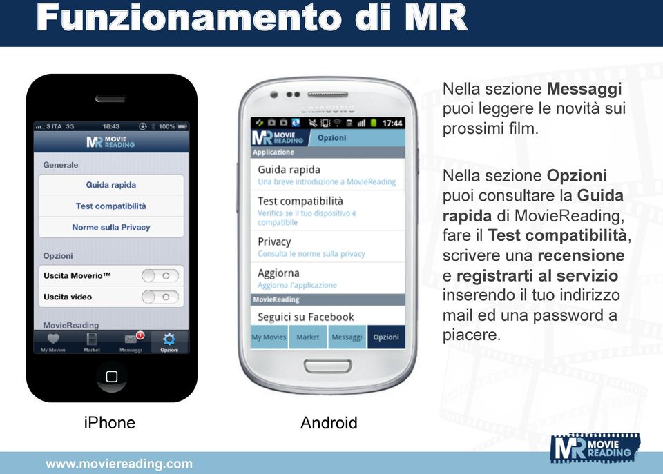 Nella sezione Opzioni puoi consultare la Guida rapida di MovieReading,