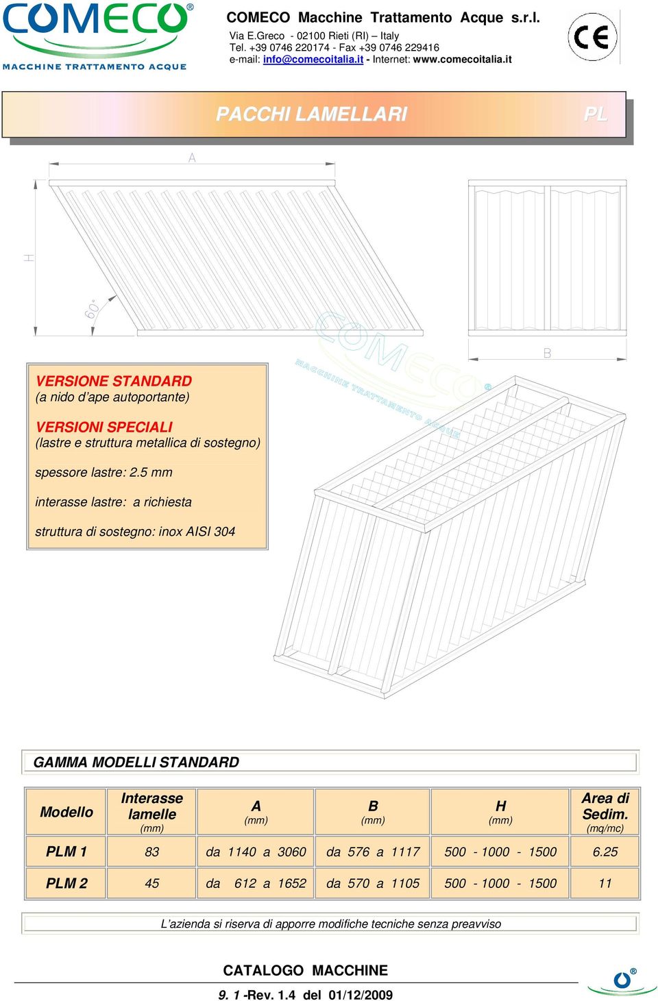 5 mm interasse lastre: a richiesta struttura di sostegno: inox AISI 304 GAMMA MODELLI STANDARD Modello Interasse lamelle A B H