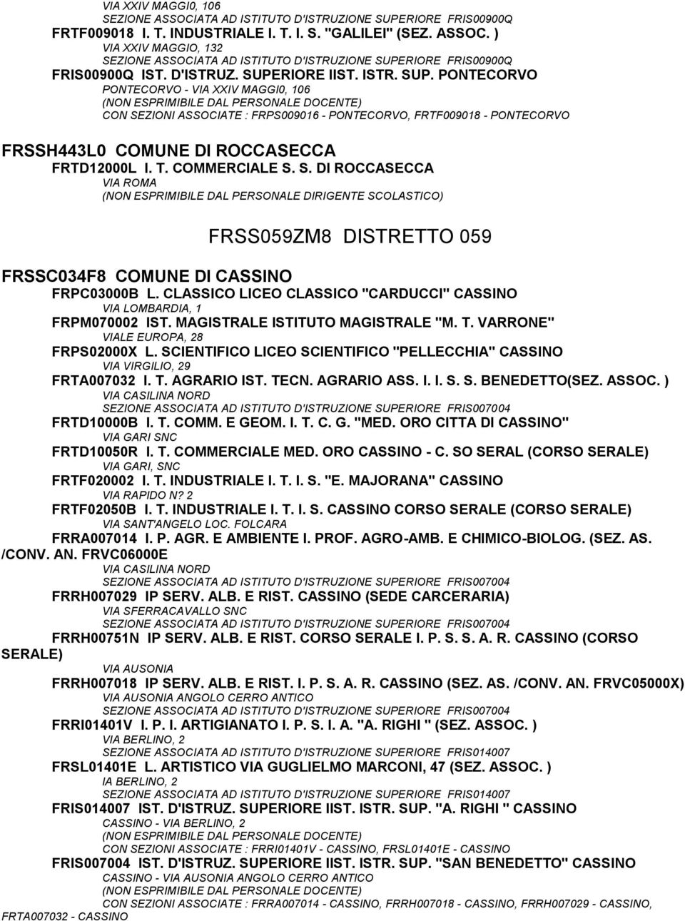 T. COMMERCIALE S. S. DI ROCCASECCA VIA ROMA (NON ESPRIMIBILE DAL PERSONALE DIRIGENTE SCOLASTICO) FRSS059ZM8 DISTRETTO 059 FRSSC034F8 COMUNE DI CASSINO FRPC03000B L.