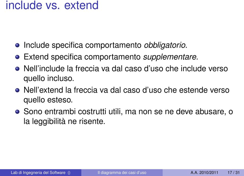 Nell include la freccia va dal caso d uso che include verso quello incluso.