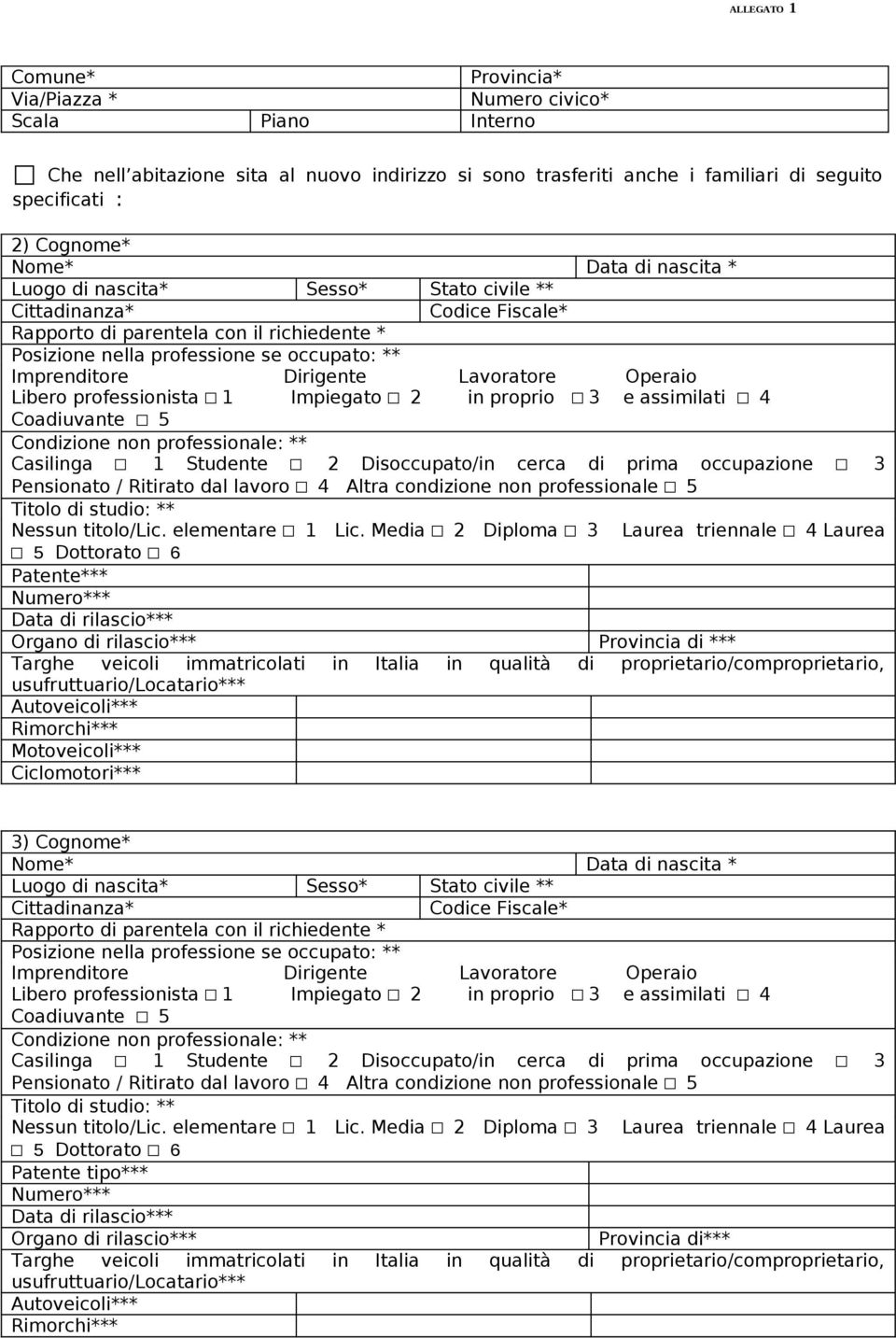 professionale 5 Nessun titolo/lic. elementare 1 Lic. Media 2 Diploma 3 Laurea triennale 4 Laurea 5 Dottorato 6 Patente*** Provincia di *** 3) Cognome* Libero  professionale 5 Nessun titolo/lic.