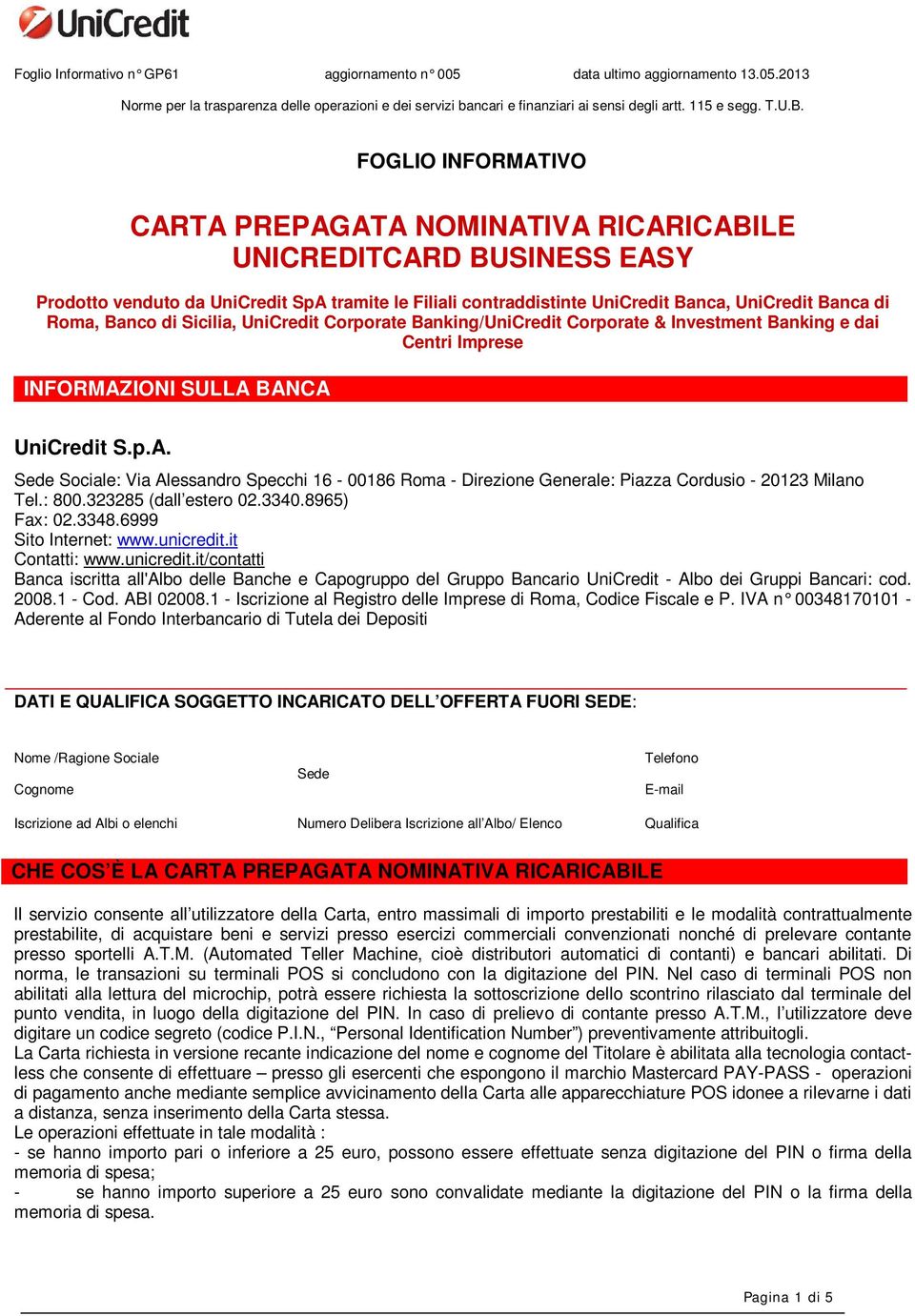 Carta Prepagata Nominativa Ricaricabile Unicreditcard Business Easy Pdf Free Download