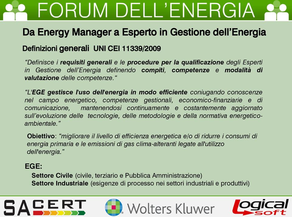 L'EGE gestisce l'uso dell'energia in modo efficiente coniugando conoscenze nel campo energetico, competenze gestionali, economico-finanziarie e di comunicazione, mantenendosi continuamente e