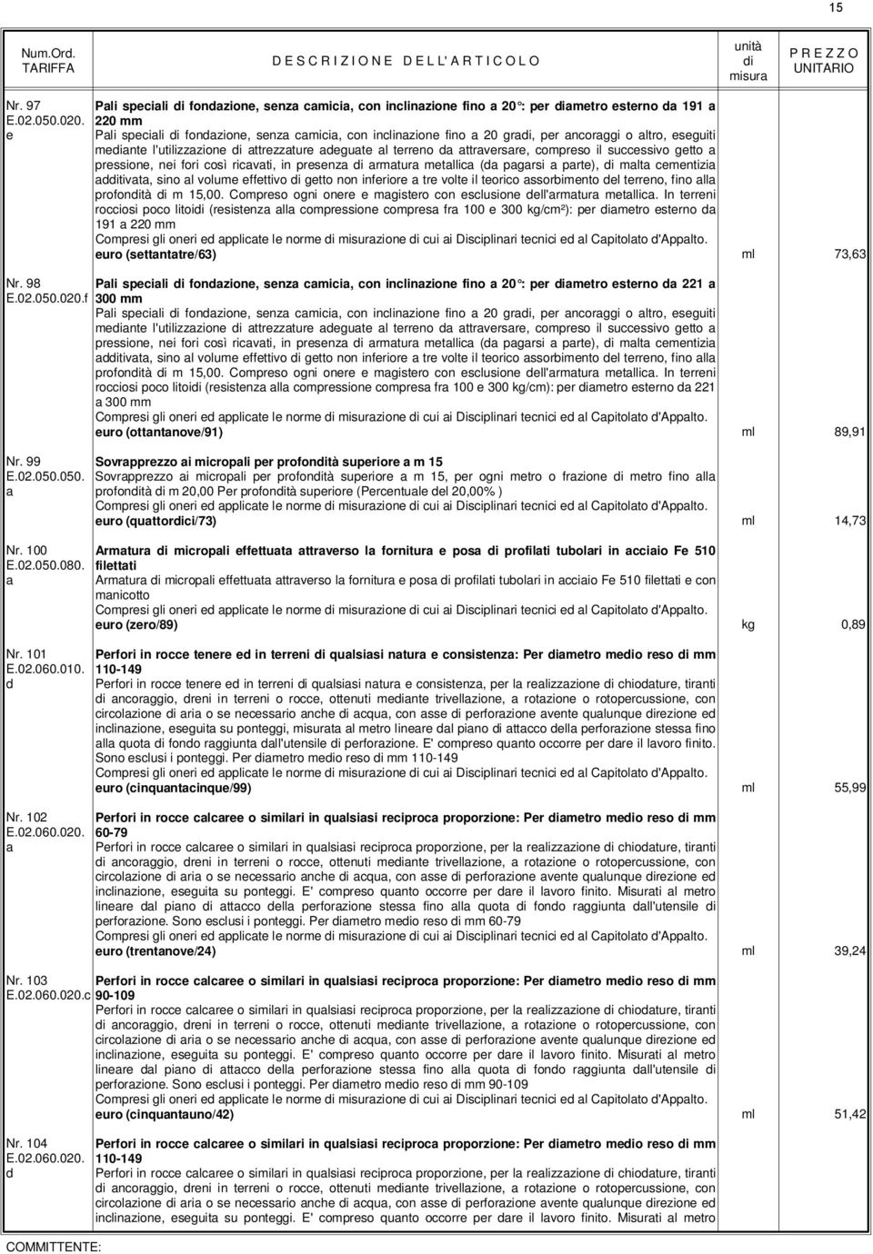 l'utilizzzione ttrezzture degute l terreno d ttrversre, compreso il successivo getto pressione, nei fori così ricvti, in presenz rmtur metllic (d pgrsi prte), mlt cementizi dtivt, sino l volume